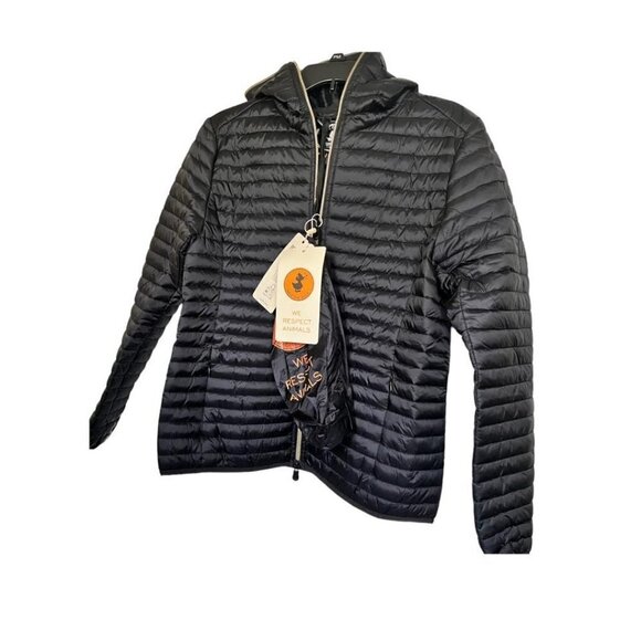 Save The Duck Womens Black Hooded Water Resistant Shiny Puffer Jacket Sz L New - Picture 4 of 15